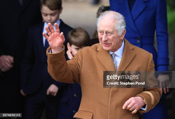 King Charles III departs after attending the Christmas Morning Service at Sandringham Church on December 25, 2023 in Sandringham, Norfolk.