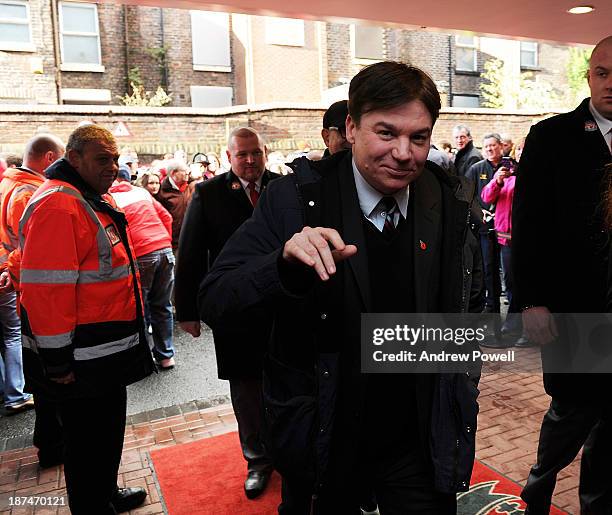 Mike Myers actor arrives at Anfield today before the Barclays Premier League Match between Liverpool and Fulham at Anfield on November 9, 2013 in...