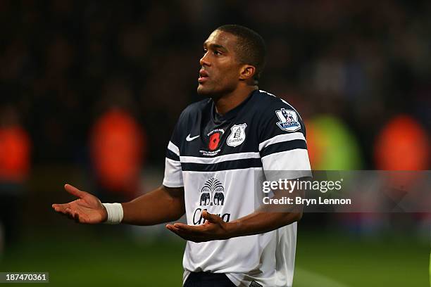 Sylvain Distin of Everton reacts during the Barclays Premier League match between Crystal Palace and Everton at Selhurst Park on November 9, 2013 in...