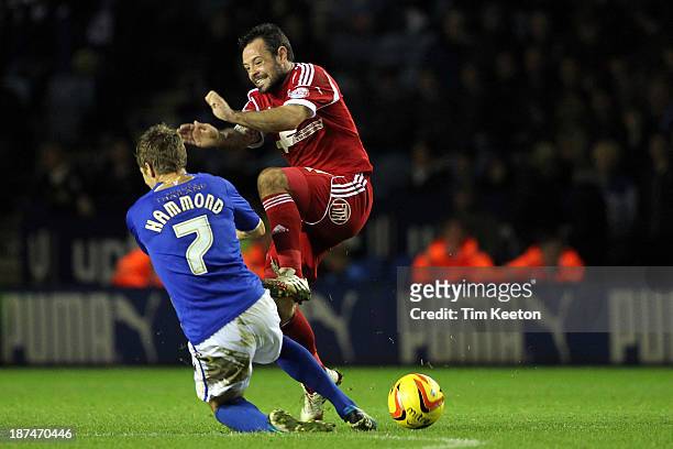 Nottingham Forest's Andy Reid and Leicester City's Dean Hammond go for the same ball during the Sky Bet Championship match between Leicester City and...