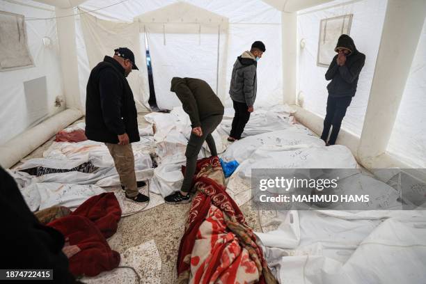 Palestinian man reacts as he stands next to shrouded bodies, killed in an overnight Israeli strike on the Al-Maghazi refugee camp, ahead of a mass...