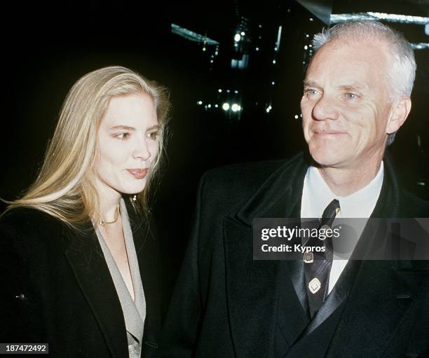 English actor Malcolm McDowell with his wife Kelley Kuhr, circa 1993.