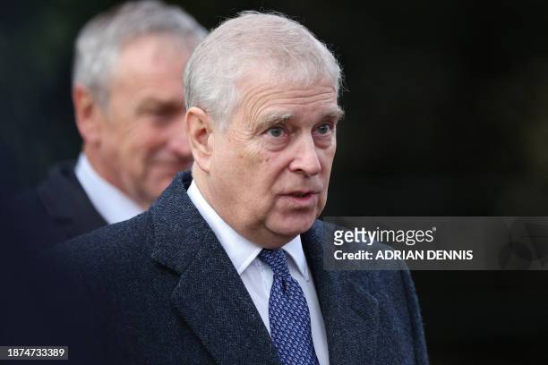 Britain's Prince Andrew, Duke of York leaves after attending for the Royal Family's traditional Christmas Day service at St Mary Magdalene Church in...