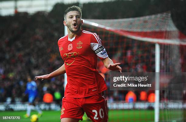 Adam Lallana of Southampton celebrates after scoring during the Barclays Premier League match between Southampton and Hull City at St Mary's Stadium...