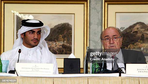 President Sepp Blatter and the Chairman of Qatar 2022 bid committee Sheik Mohammed bin Hamad al-Thani hold a press conference on November 9, 2013 in...