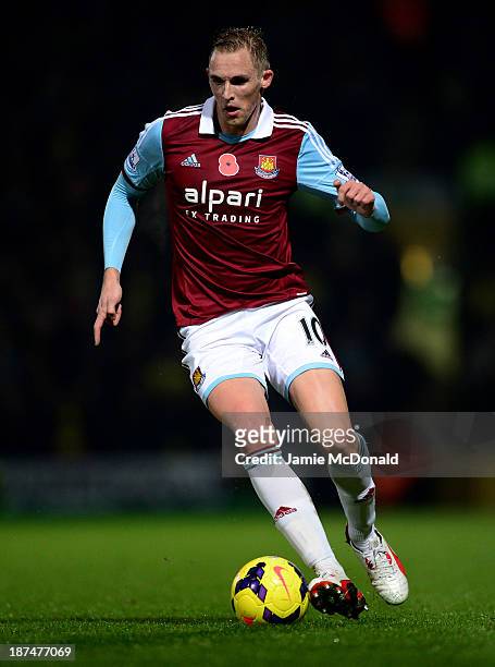 Jack Collison of West Ham United in action during the Barclays Premier League match between Norwich City and West Ham United at Carrow Road on...