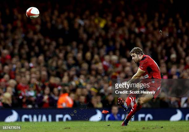 Leigh Halfpenny kicks a penalty for Wales during an International between Wales and South Africa at Millennium Stadium on November 9, 2013 in...