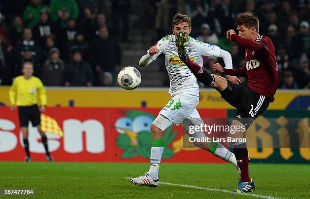 Niklas Stark of Nuernberg scores an own goal during the Bundesliga match between Borussia Moenchengladbach and 1. FC Nuernberg at Borussia-Park on...