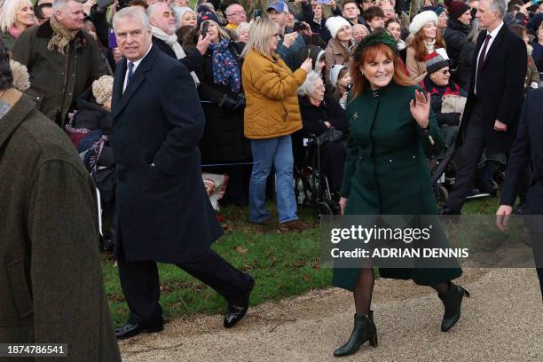 Britain's Prince Andrew, Duke of York and Sarah, Duchess of York arrive for the Royal Family's traditional Christmas Day service at St Mary Magdalene...