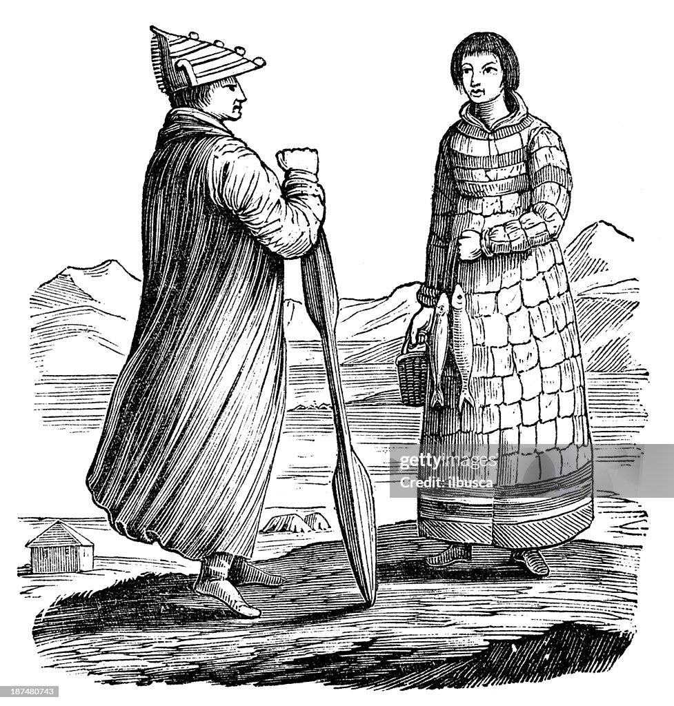 Antique illustration: Aleut people, indigenous of Aleutian Islands, Alaska