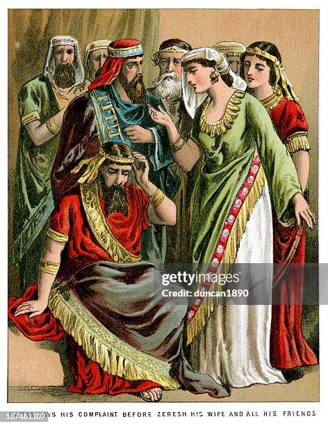 haman lays his complaint - purim stock illustrations