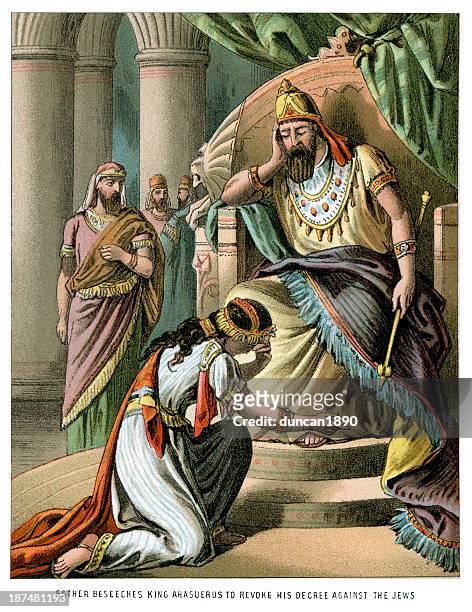 esther beseeches king ahasuerus - persian culture stock illustrations