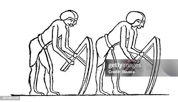 antique illustration: agriculture phases (series of 11 illustrations) - irrigation system stock illustrations