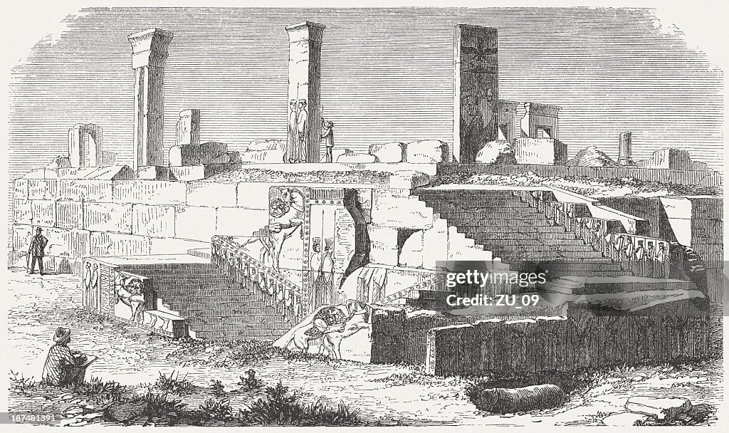 Palace of Xerxes I at Persepolis, wood engraving, published 1876