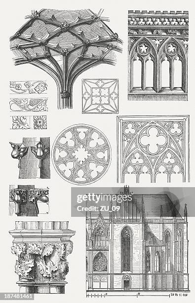 gothic architecture elements, wood engravings, published in 1876. - gothic style stock illustrations