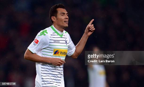 Juan Arango of Moenchengladbach celebrates after after scoring his teams first goal during the Bundesliga match between Borussia Moenchengladbach and...