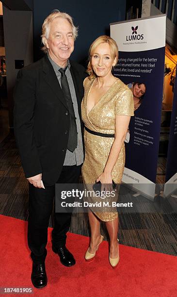 Alan Rickman and J.K. Rowling attend the Lumos fundraising event hosted by J.K. Rowling at The Warner Bros. Harry Potter Tour on November 9, 2013 in...