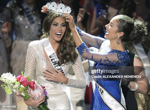 Miss Venezuela Gabriela Isler reacts as she receives her crown during the 2013 Miss Universe competition in Moscow on November 9, 2013. Gabriela...