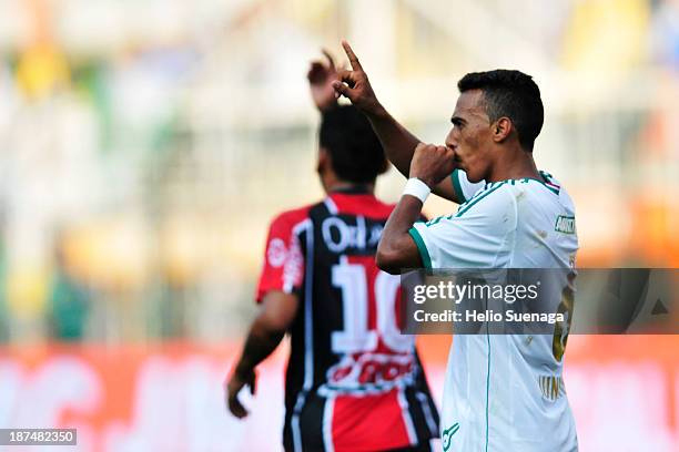 Juninho of Palmeiras celebrates a scored goal during the match between Palmeiras and Joinville for the Brazilian Series B 2013 on November 09, 2013...