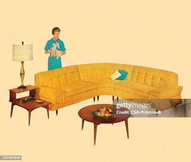 woman standing behind curved yellow couch - old house stock illustrations