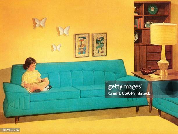 girl reading on turquoise couch - living room with people stock illustrations