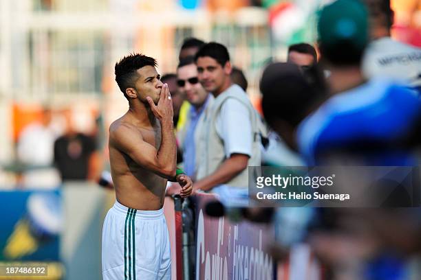 Serginho of Palmeiras celebrates a goal during the match between Palmeiras and Joinville for the Brazilian Series B 2013 on November 09, 2013 in Sao...