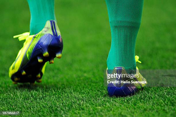 Detail of boots during during the match between Palmeiras and Joinville for the Brazilian Series B 2013 on November 09, 2013 in Sao Paulo, Brazil.