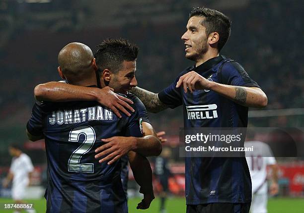 Cicero Moreira Jonathan, Saphir Sliti Taider and Gabriel Ricardo Alvarez of FC Internazionale Milano players celebrate after Francesco Bardi of AS...