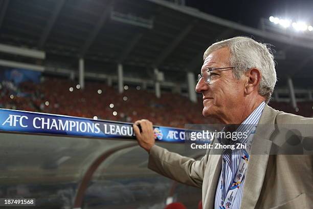 Marcello Lippi, coach of Guangzhou Evergrande smiles during the AFC Champions League Final 2nd leg between Guangzhou Evergrande and FC Seoul at...