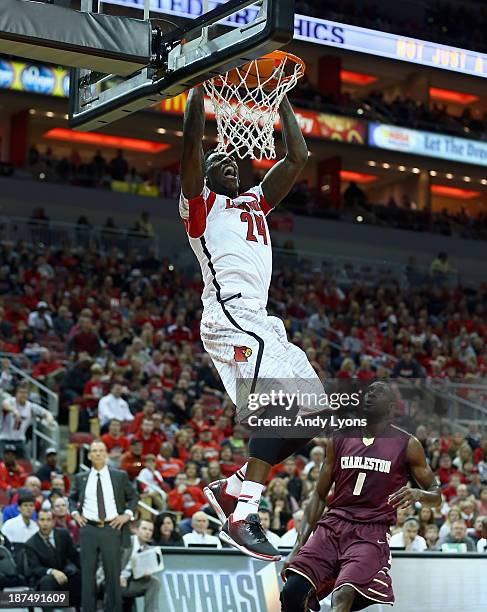 Montrezl Harrell of the Louisville Cardinals dunks the ball during the game against the College of Charleston Cougars at KFC YUM! Center on November...