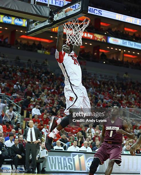 Montrezl Harrell of the Louisville Cardinals dunks the ball during the game against the College of Charleston Cougars at KFC YUM! Center on November...