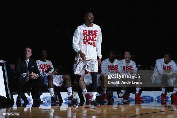 Kevin Ware of the Louisville Cardinals is introduced before the game against the College of Charleston Cougars at KFC YUM! Center on November 9, 2013...