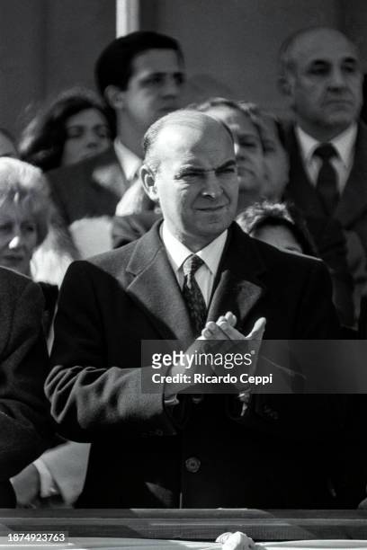 Minister of Foreign Affairs Domingo Cavallo applauds during an official ceremony on July 1989 in Buenos Aires, Argentina. Cavallo is an Argentine...