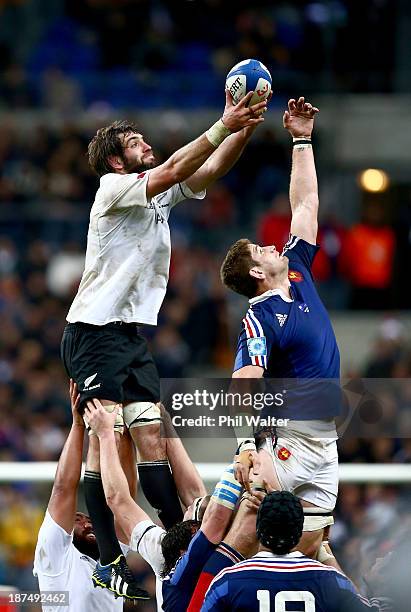 Pascal Pape of France and Sam Whitelock of the All Blacks contest the ball during the international test match between France and the New Zealand All...