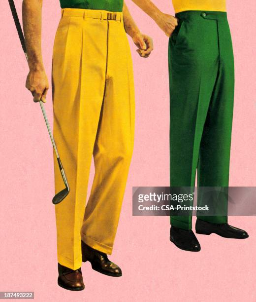 men in green and gold slacks - vintage fashion stock illustrations