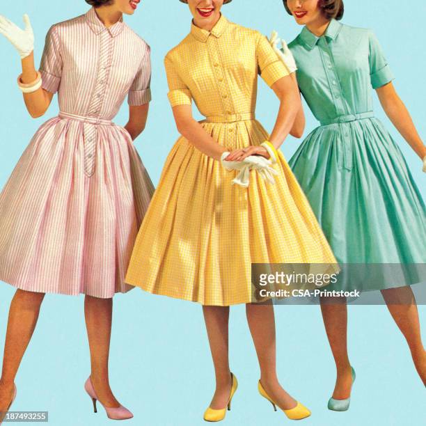 three woman wearing pastel colored dresses - vintage fashion stock illustrations