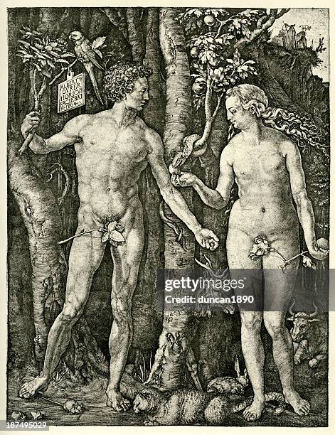 adam and eve - adam and eve in garden of eden stock-grafiken, -clipart, -cartoons und -symbole