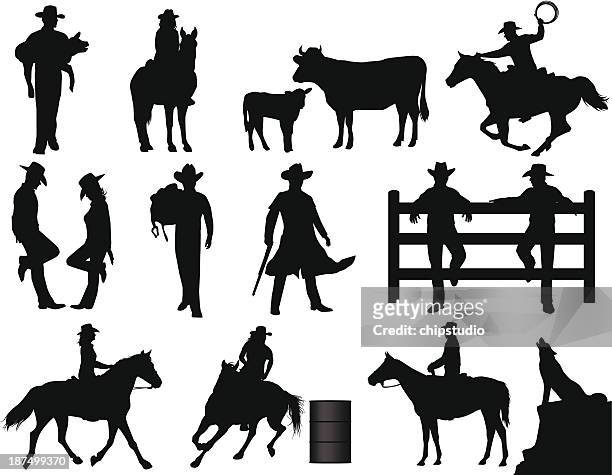 stockillustraties, clipart, cartoons en iconen met cowboys - paardrijden