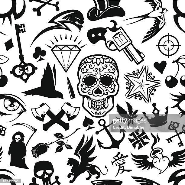 ilustraciones, imágenes clip art, dibujos animados e iconos de stock de tatuaje de fondo - skull tattoos