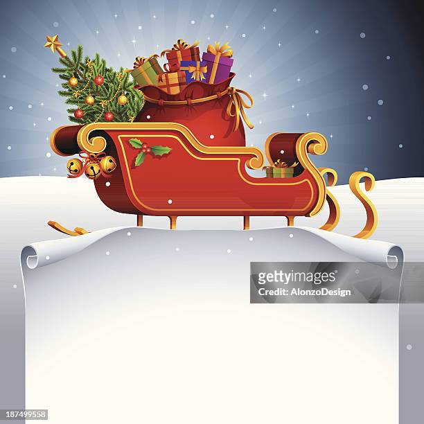 santa claus sleigh and scroll - sleigh stock illustrations