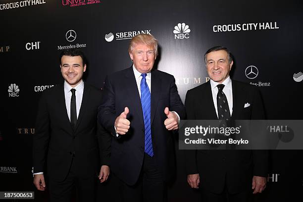 Emin Agalarov, Donald Trump and Aras Agalarov attend the red carpet at Miss Universe Pageant Competition 2013 on November 9, 2013 in Moscow, Russia.