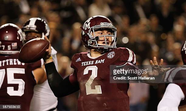 Johnny Manziel of the Texas A&M Aggies drops back to pass in the second half during the game against the Mississippi State Bulldogs at Kyle Field on...