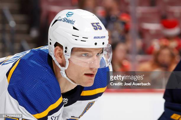 Colton Parayko of the St Louis Blues prepares for a face-off against the Florida Panthers at the Amerant Bank Arena on December 21, 2023 in Sunrise,...