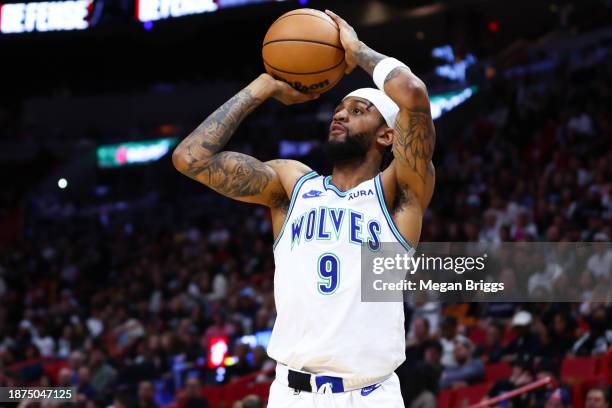 Nickeil Alexander-Walker of the Minnesota Timberwolves shoots the ball against the Miami Heat during the first quarter of the game at Kaseya Center...