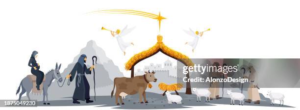 joseph leading the virgin mary to give birth to baby jesus. - angel holding baby stock illustrations