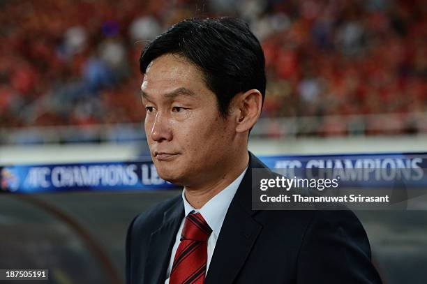 Choi Yong Soo, head coach of FC Seoul, reacts during the AFC Champions League Final 2nd leg match between Guangzhou Evergrande and FC Seoul at...