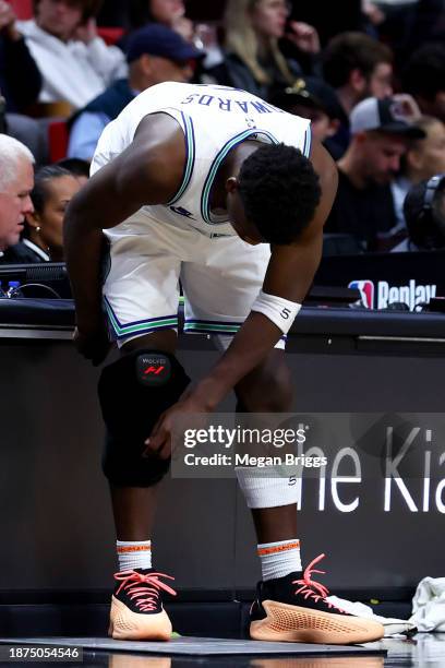 Anthony Edwards of the Minnesota Timberwolves wears the Hyperice Leg Sleeves during the fourth quarter of the game against the Miami Heat at Kaseya...