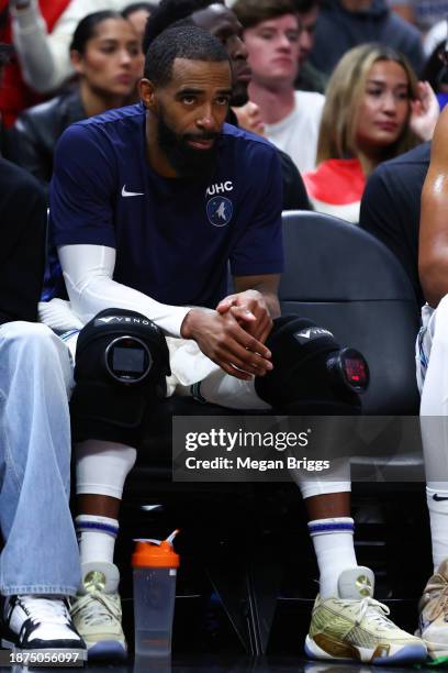 Mike Conley of the Minnesota Timberwolves wears the Hyperice Leg Sleeve during the third quarter of the game against the Miami Heat at Kaseya Center...