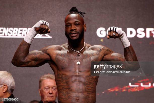 Deontay Wilder reacts after weighing in ahead of the Heavyweight fight between Deontay Wilder and Joseph Parker during the Day of Reckoning: Weigh-In...