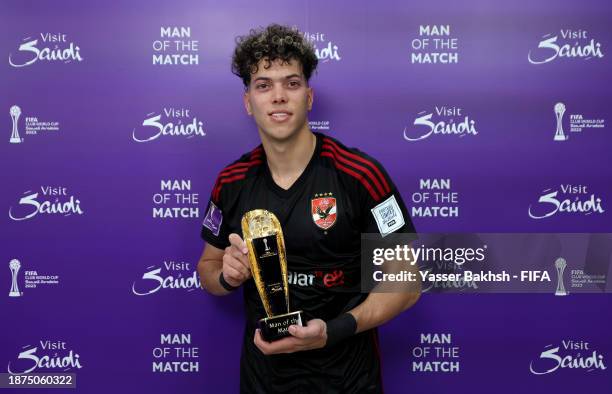Emam Ashour of Al Ahly FC poses for a photo with his Man of the Match award after the FIFA Club World Cup Saudi Arabia 2023 - 3rd Place match between...